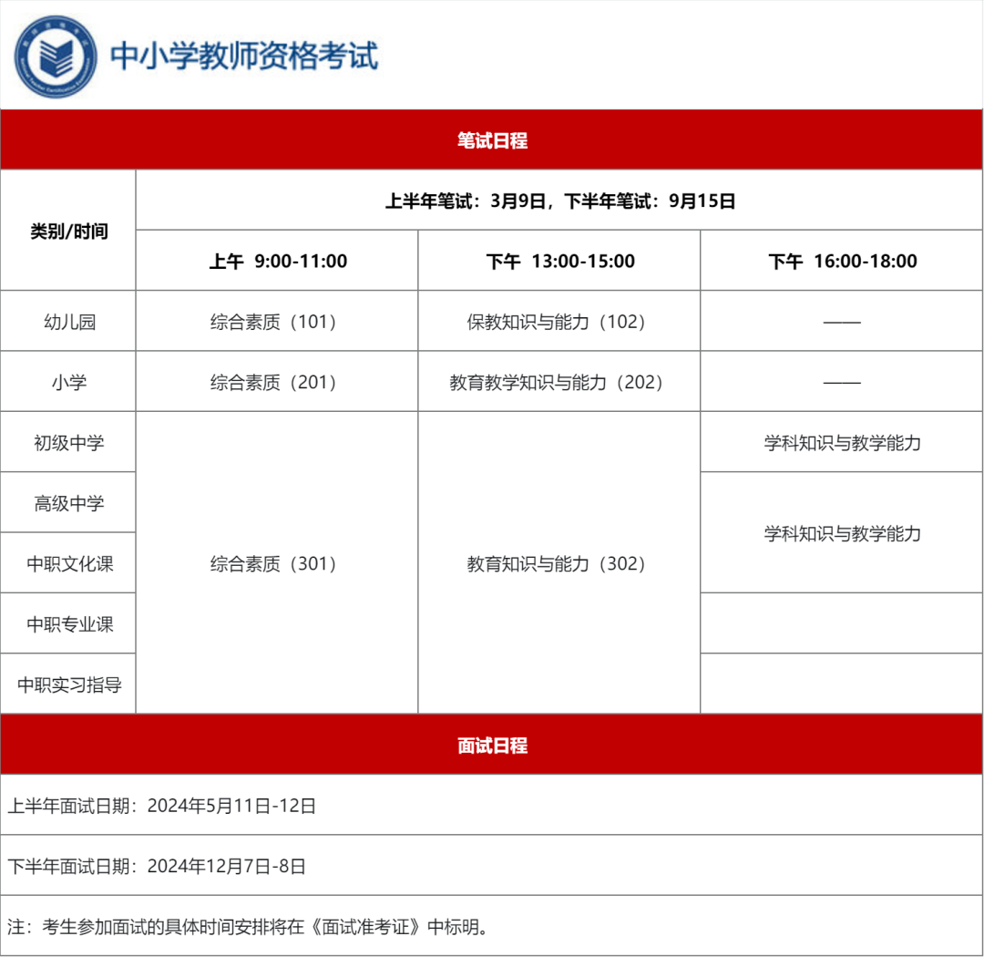 2024年江西教师资格证考试日程表